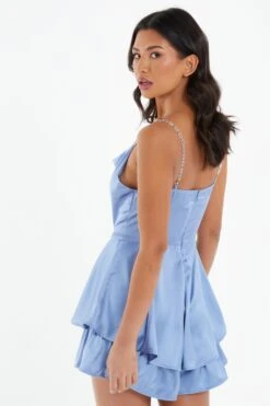 Blue Satin Diamante Frill Playsuit 10 Blue Satin Diamante Frill Playsuit -Outlet Clothyne Store 00100037355 XB