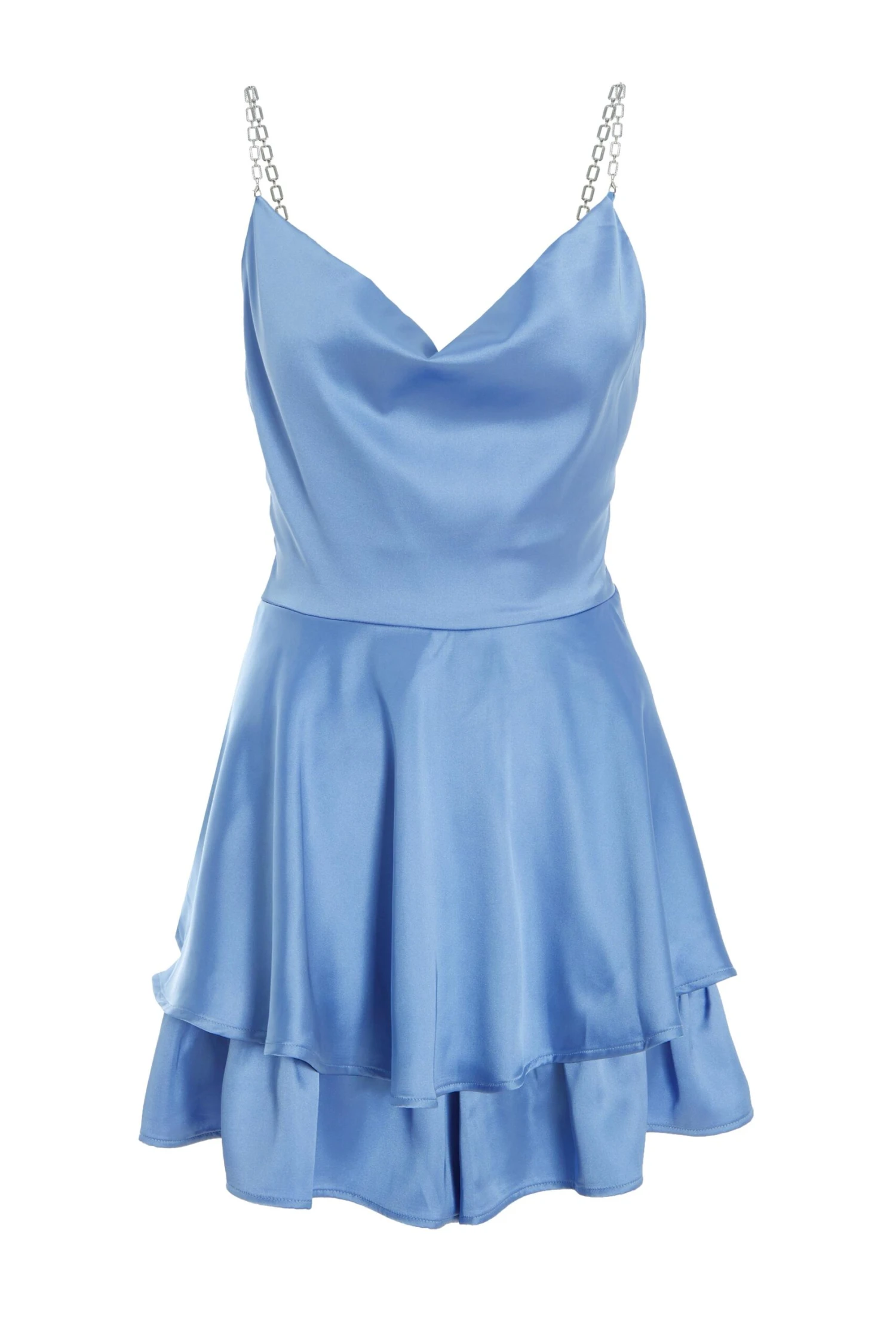 Blue Satin Diamante Frill Playsuit 3 Blue Satin Diamante Frill Playsuit