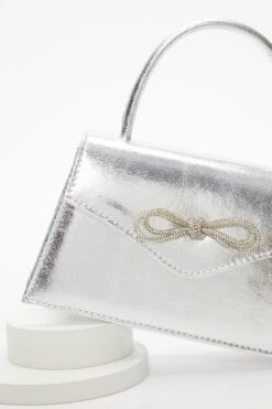 Silver Foil Diamante Bow Mini Tote Bag -Outlet Clothyne Store 00100037360 ZS