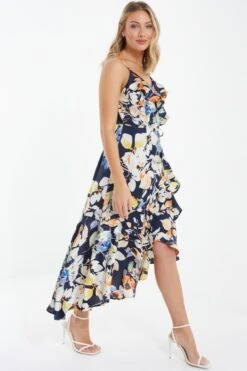 Navy Floral Satin Frill Wrap Midi Dress -Outlet Clothyne Store 00100037367 XS