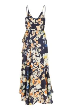 Navy Floral Satin Frill Wrap Midi Dress -Outlet Clothyne Store 00100037367 ZB