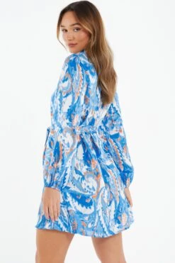 Blue Marble Print Shirt Mini Dress -Outlet Clothyne Store 00100037368 XB