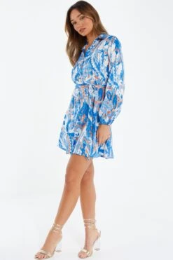 Blue Marble Print Shirt Mini Dress -Outlet Clothyne Store 00100037368 XS