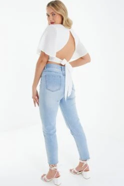 White Textured Tie Back Crop Top -Outlet Clothyne Store 00100037371 XB
