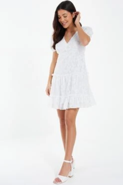 White Chiffon Floral Smock Mini Dress -Outlet Clothyne Store 00100037383 XS