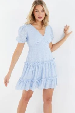 Blue Chiffon Floral Smock Mini Dress -Outlet Clothyne Store 00100037384 XM