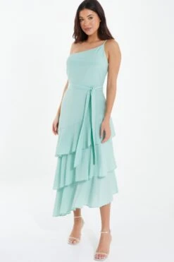 Mint Textured Chiffon One Shoulder Midaxi Dress -Outlet Clothyne Store 00100037454 XS