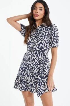 Navy Animal Print Shirt Mini Dress -Outlet Clothyne Store 00100037456 XM