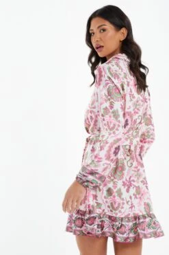 Pink Satin Paisley Print Mini Shirt Dress -Outlet Clothyne Store 00100037473 XB