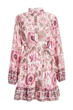 Pink Satin Paisley Print Mini Shirt Dress
