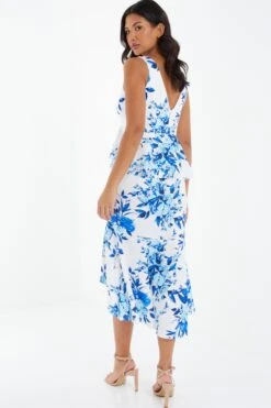 Blue Floral Dip Hem Frill Midi Dress -Outlet Clothyne Store 00100037491 XB