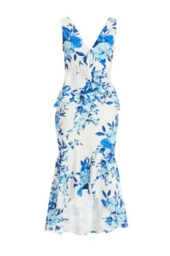 Blue Floral Dip Hem Frill Midi Dress
