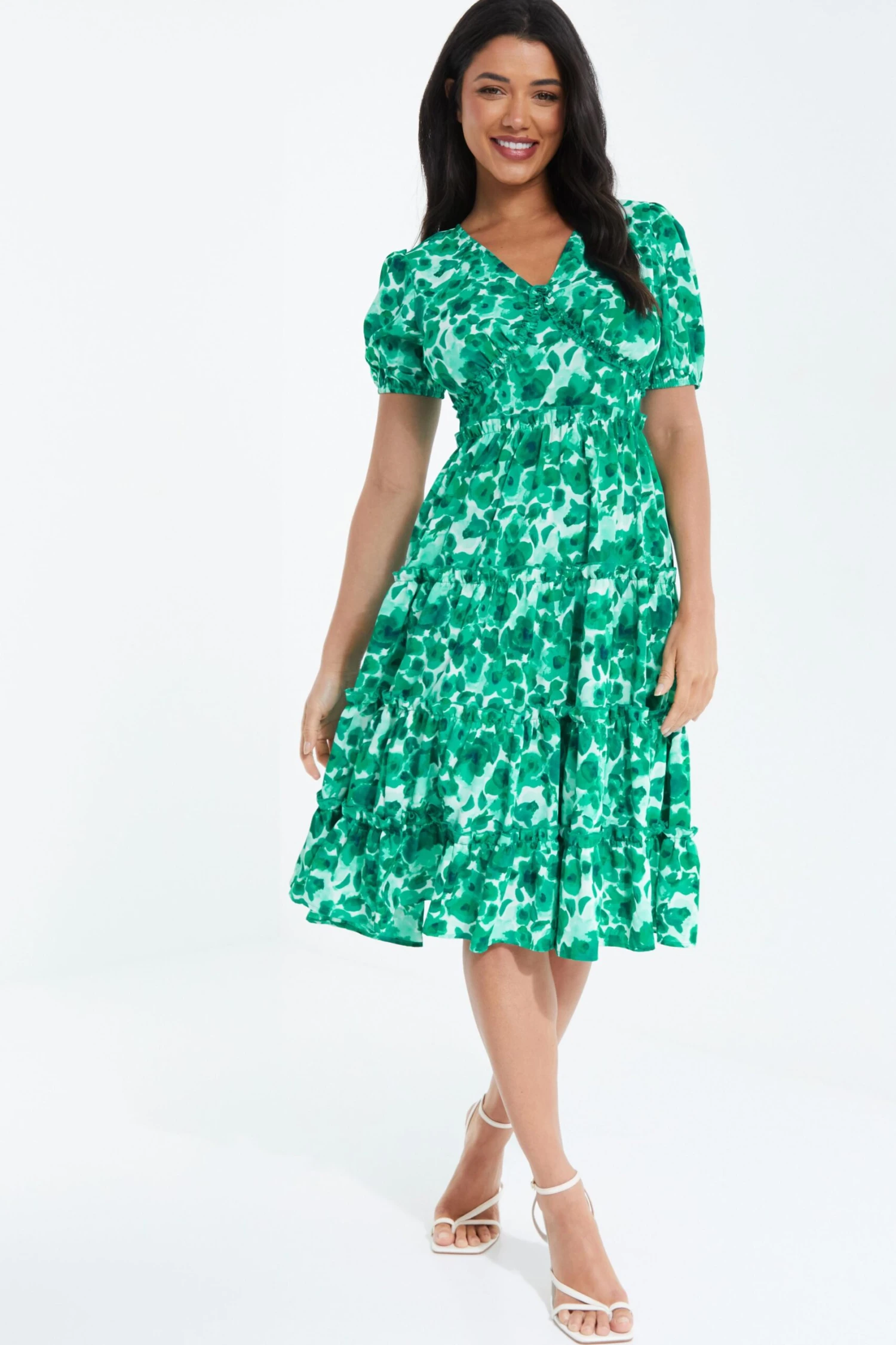 Green Floral Puff Sleeve Midi Dress 4 Green Floral Puff Sleeve Midi Dress - Image 2