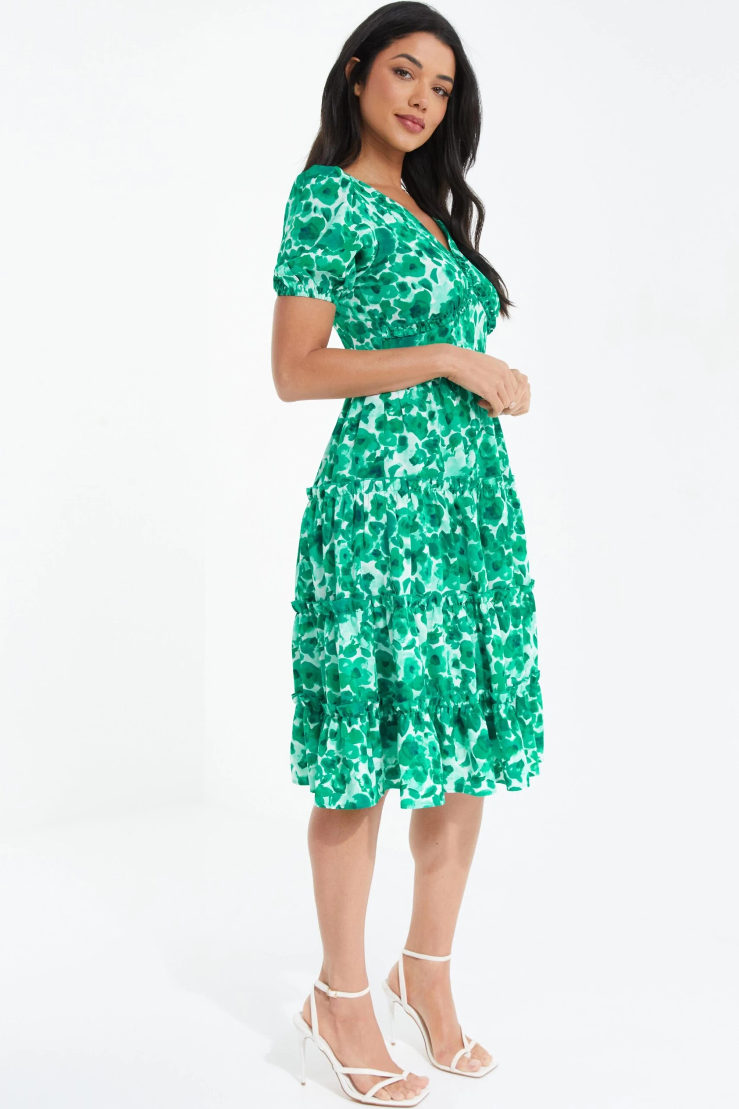 Green Floral Puff Sleeve Midi Dress 6 Green Floral Puff Sleeve Midi Dress - Image 4