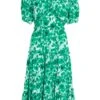 Green Floral Puff Sleeve Midi Dress