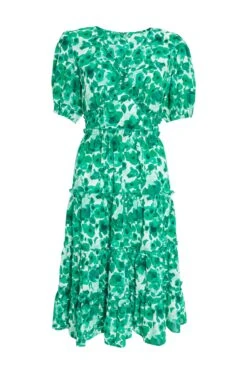 Green Floral Puff Sleeve Midi Dress