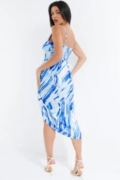 Blue Satin Brush Stroke Ruched Midi Dress -Outlet Clothyne Store 00100037587 XB