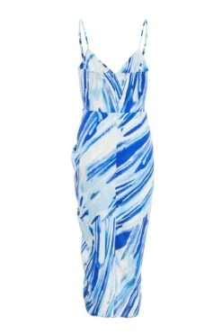 Blue Satin Brush Stroke Ruched Midi Dress -Outlet Clothyne Store 00100037587 ZB