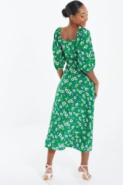 Green Floral Print Ruched Midi Dress 10 Green Floral Print Ruched Midi Dress -Outlet Clothyne Store 00100037630 XB