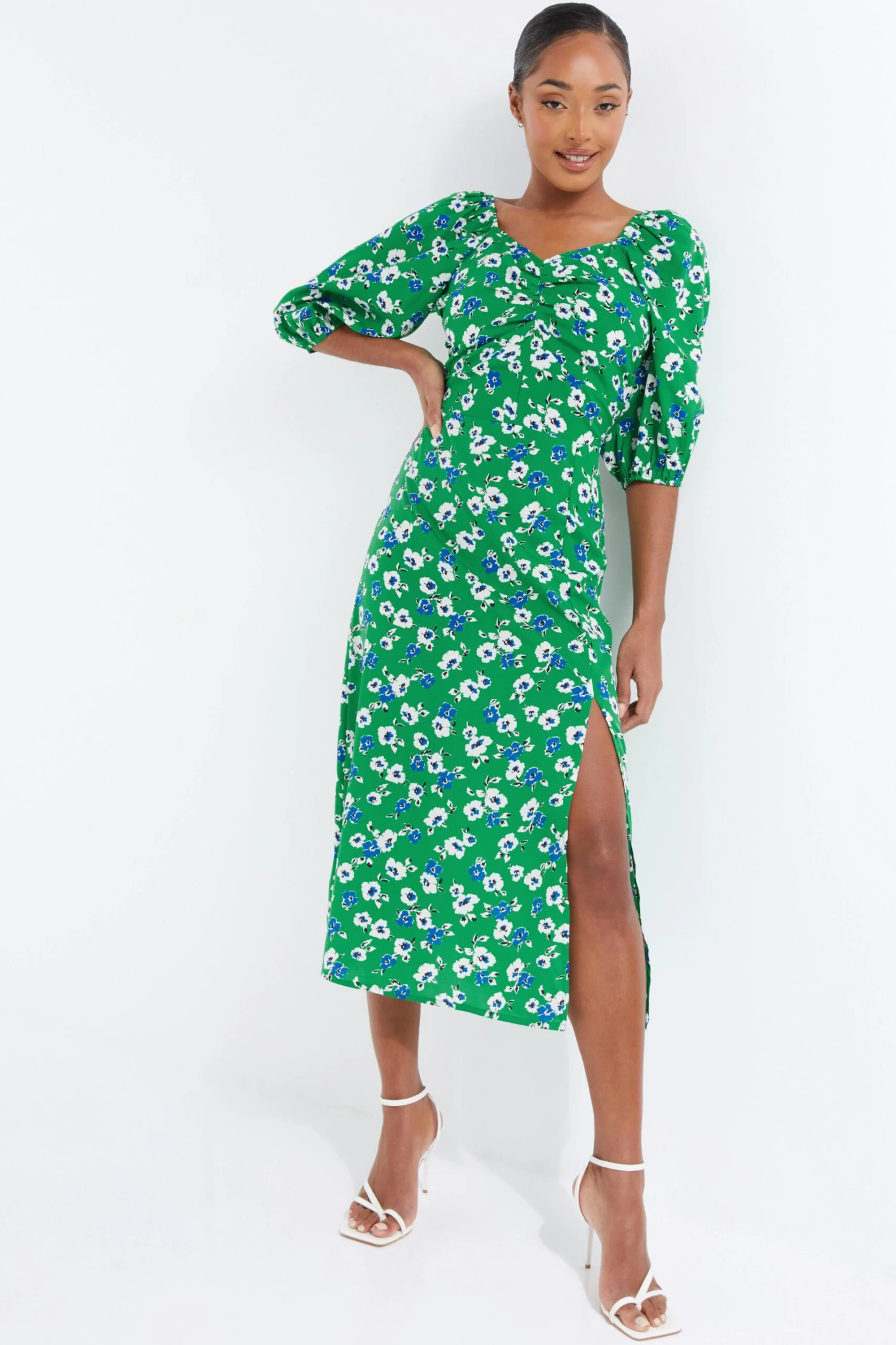 Green Floral Print Ruched Midi Dress 4 Green Floral Print Ruched Midi Dress - Image 2
