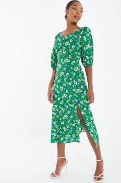 Green Floral Print Ruched Midi Dress 11 Green Floral Print Ruched Midi Dress -Outlet Clothyne Store 00100037630 XS
