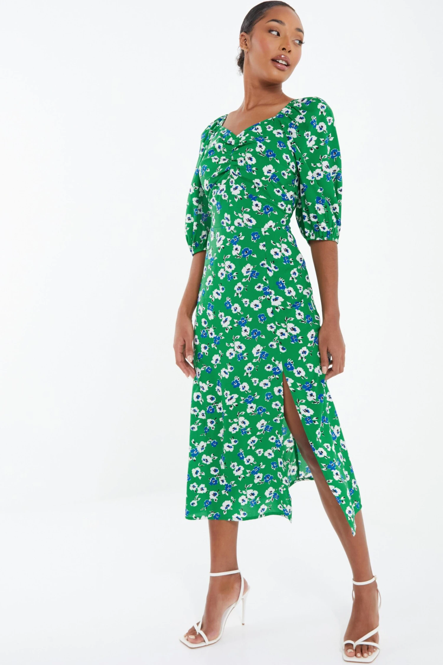 Green Floral Print Ruched Midi Dress 6 Green Floral Print Ruched Midi Dress - Image 4