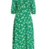 Green Floral Print Ruched Midi Dress