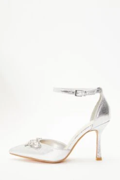 Wide Fit Silver Foil Diamante Court Heels