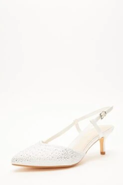 Wide Fit White Diamante Slingback Court Heels -Outlet Clothyne Store 00100037678 XB