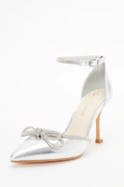 Wide Fit Silver Diamante Bow Court Heels -Outlet Clothyne Store 00100037680 XB