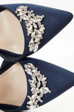 Wide Fit Navy Satin Diamante Court Heels -Outlet Clothyne Store 00100037683 ZB