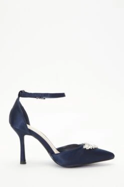 Wide Fit Navy Satin Diamante Court Heels -Outlet Clothyne Store 00100037683 ZS