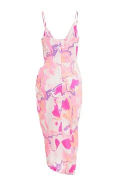 Pink Satin Marble Print Wrap Midi Dress -Outlet Clothyne Store 00100037701 ZB