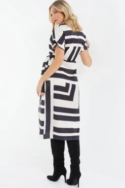 Stone Satin Stripe Print Midi Shirt Dress -Outlet Clothyne Store 00100037714 XB