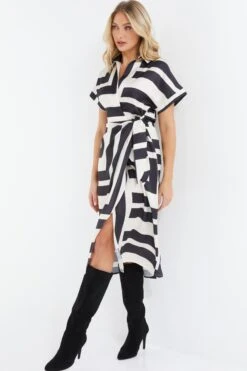 Stone Satin Stripe Print Midi Shirt Dress -Outlet Clothyne Store 00100037714 XS