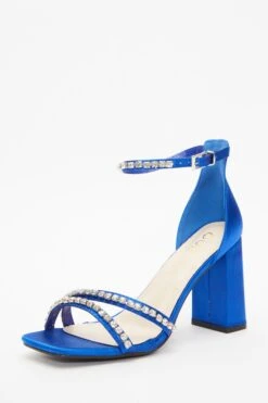 Wide Fit Blue Satin Block Heeled Sandals -Outlet Clothyne Store 00100037838 XB