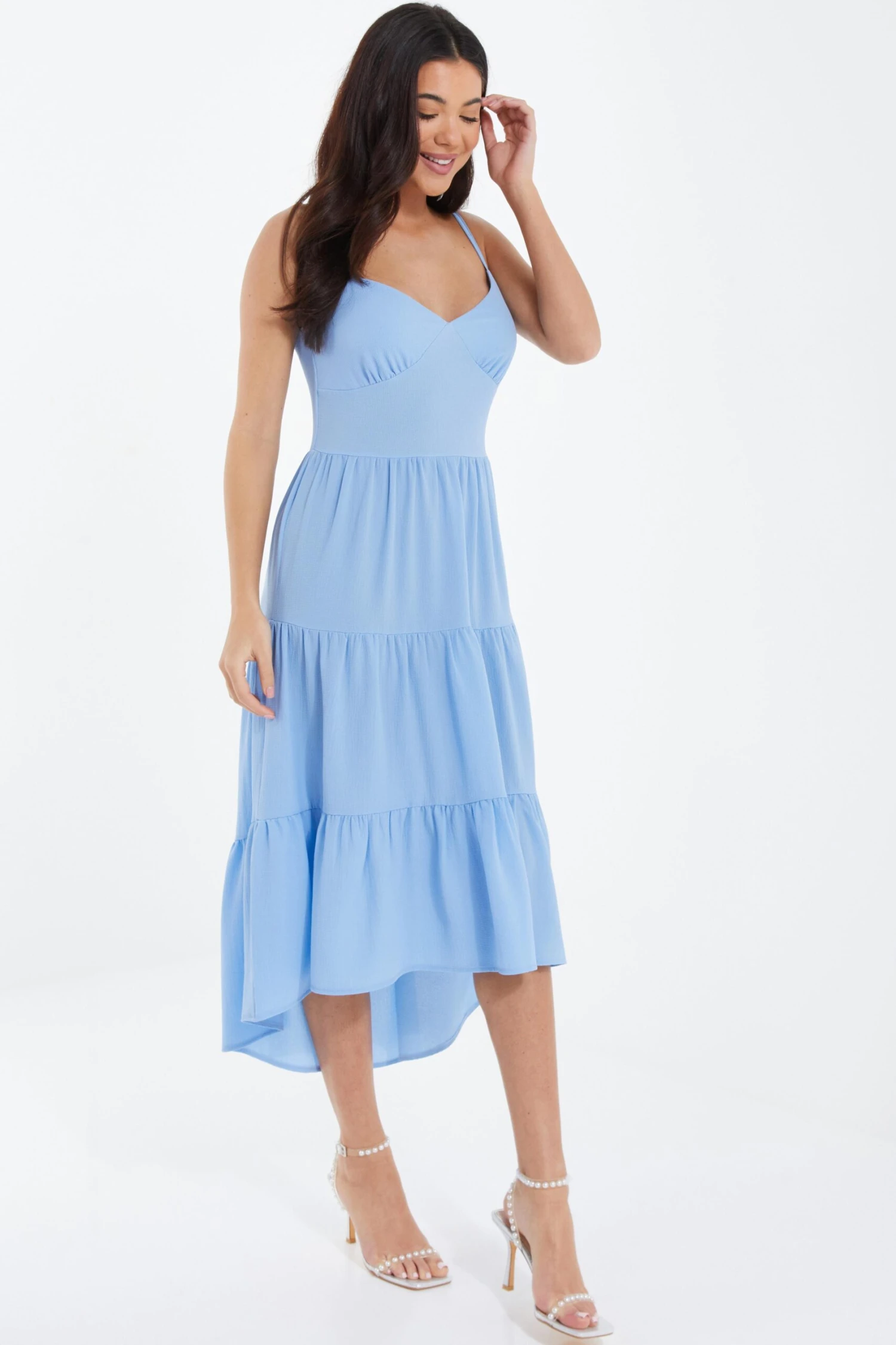 Light Blue Tiered Dip Hem Midi Dress 6 Light Blue Tiered Dip Hem Midi Dress - Image 4