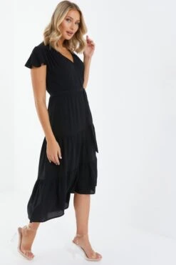 Black Tiered Dip Hem Midi Dress 10 Black Tiered Dip Hem Midi Dress -Outlet Clothyne Store 00100037866 XS