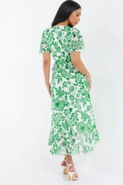 Green Tropical Print Wrap Midi Dress -Outlet Clothyne Store 00100037909 XB