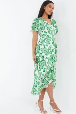 Green Tropical Print Wrap Midi Dress -Outlet Clothyne Store 00100037909 XS