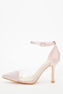 Pink Satin Diamante Heart Court Heels