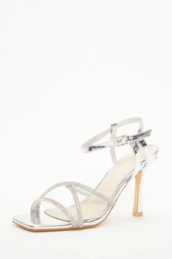 Silver Diamante Strappy Heeled Sandals -Outlet Clothyne Store 00100038027 XB