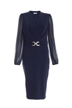Navy Chiffon Sleeve Buckle Midi Dress
