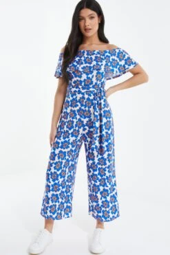Royal Blue Floral Bardot Jumpsuit 9 Royal Blue Floral Bardot Jumpsuit -Outlet Clothyne Store 00100038138 XM