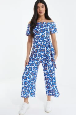 Royal Blue Floral Bardot Jumpsuit 11 Royal Blue Floral Bardot Jumpsuit -Outlet Clothyne Store 00100038138 XS