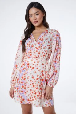 Multicoloured Floral Wrap Tie Mini Dress -Outlet Clothyne Store 00100038348 XM