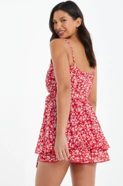 Red Ditsy Floral Wrap Playsuit -Outlet Clothyne Store 00100038351 XB