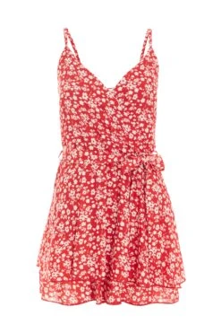 Red Ditsy Floral Wrap Playsuit