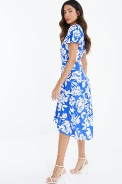 Blue Floral Wrap Dip Hem Midi Dress -Outlet Clothyne Store 00100038358 XB
