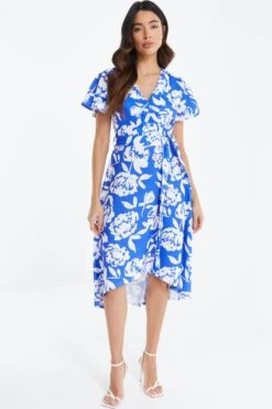 Blue Floral Wrap Dip Hem Midi Dress -Outlet Clothyne Store 00100038358 XM